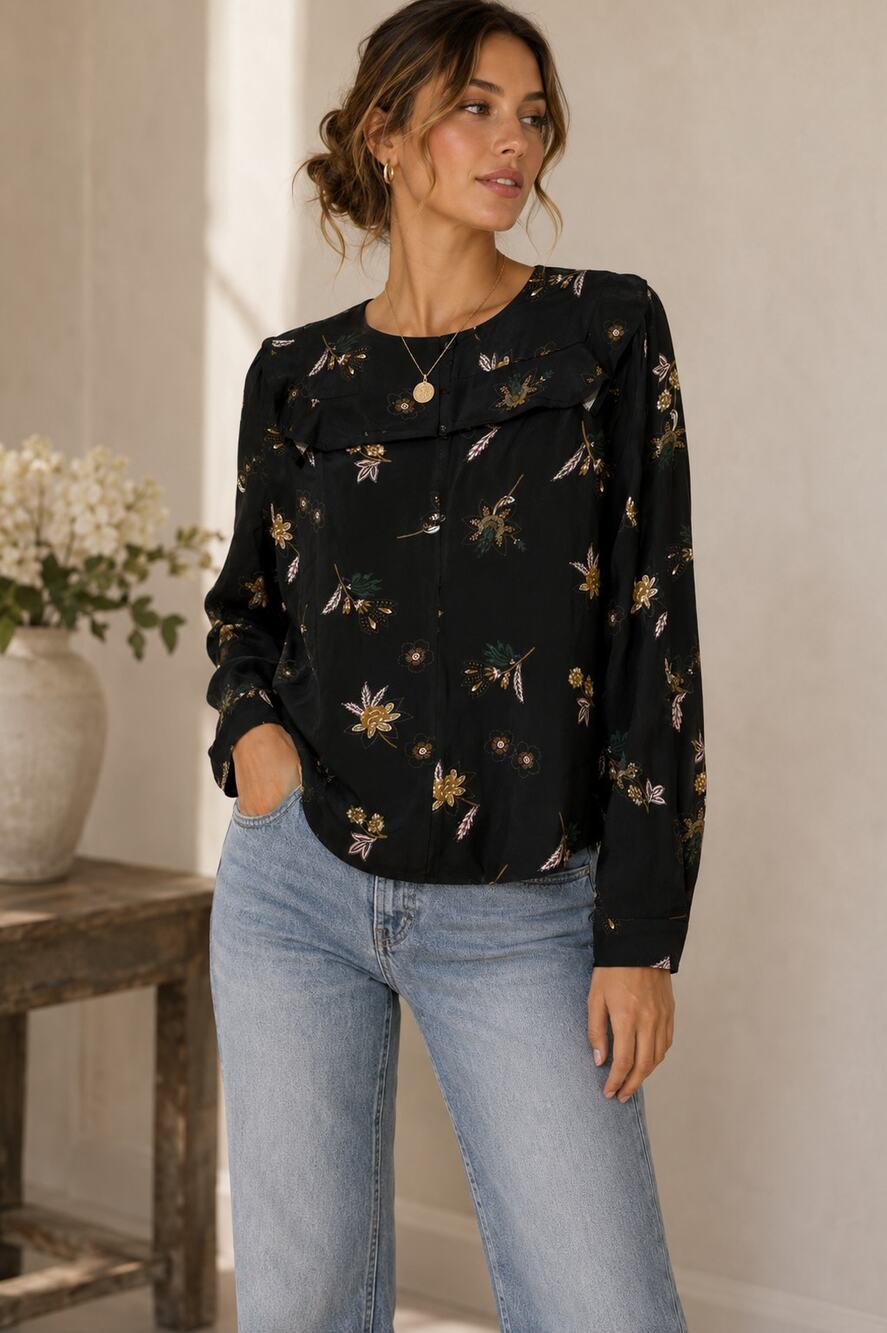 ALC Annaleigh Black Silk Ruffle Floral Yoke Top Blouse Womens 2 Preppy Fall Top